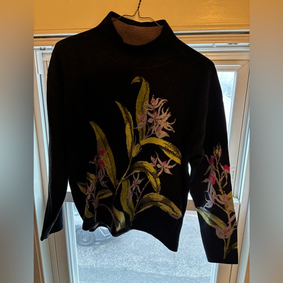 Maeve Anthropologie Carys Black Floral Print Mock Neck Knit Pullover Sweater L - Picture 4 of 8